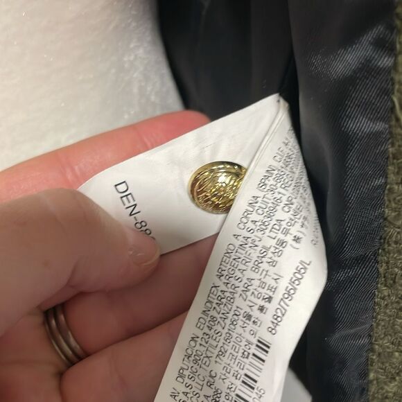 Zara Khaki Green Textured Open Front Blazer Gold Buttons Shoulder Pad Size Large - Picture 5 of 10